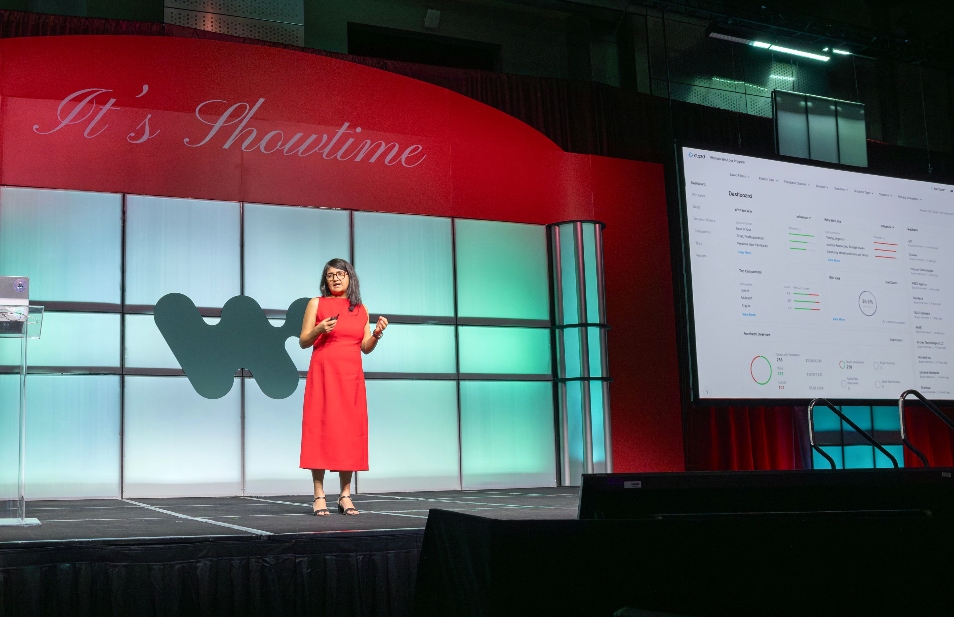 Nishtha presenting on stage at a Workato conference